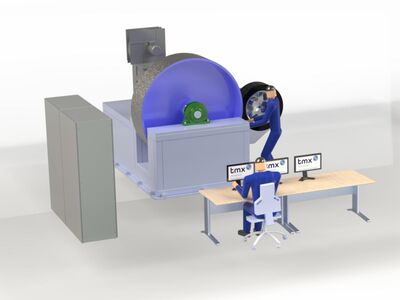 CAD-Zeichnung eines HSU-Prüfstands mit großer Rolle, Reifen und Bedienern