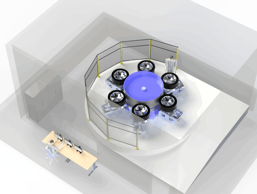 3D-Zeichnung aus der Vogelperspektive eines Reifen-Dauerlaufprüfstands mit einer großen Rolle in der Mitte und 6 Reifen drum herum, die über Lastmaschinen auf der Rolle angepresst werden.