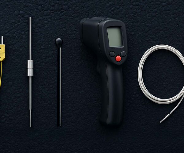 Verschiedene Temperatursensoren auf schwarzem Untergrund (v.l. Thermoelement, PT100, NTC, IR-Thermometer, Faseroptischer Sensor)