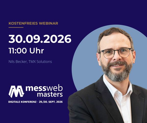 Portrait von Nils Becker mit dem Hinweis auf den Webinartermin am 30.09.2026, 11 Uhr auf dem messweb masters