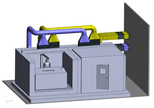 CAD-Zeichnung eines Antriebsprüfstands mit zwei Prüfplätzen