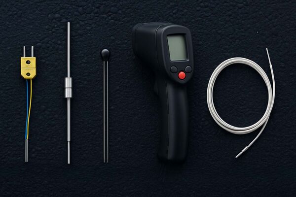 Verschiedene Temperatursensoren auf schwarzem Untergrund (v.l. Thermoelement, PT100, NTC, IR-Thermometer, Faseroptischer Sensor)