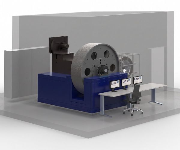 CAD-Zeichnung eines Reifenprüfstands mit großer Trommel, gegen die eine Belastungseinheit einen Pkw-Reifen drückt