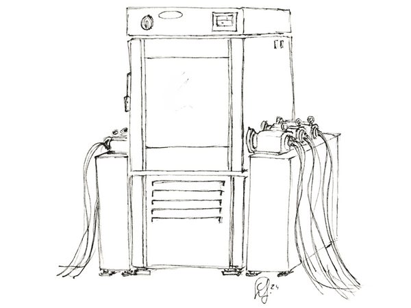 Zeichnung einer Klimakammer mit 6 Prüflingen (Rotorpositionssensoren)