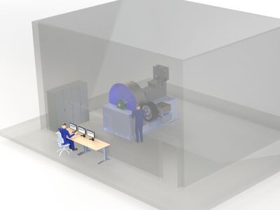 CAD-Zeichnung eine Reifen-Prüfstands mit Prüfstandsumhausung und Bedienkonsole