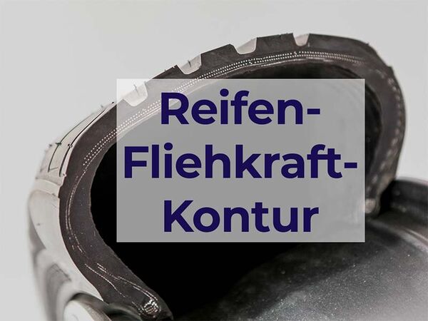 Bild eines Reifenquerschnitts auf einer Felge mit dem Text darüber "Reifen-Fliehkraft-Kontur"