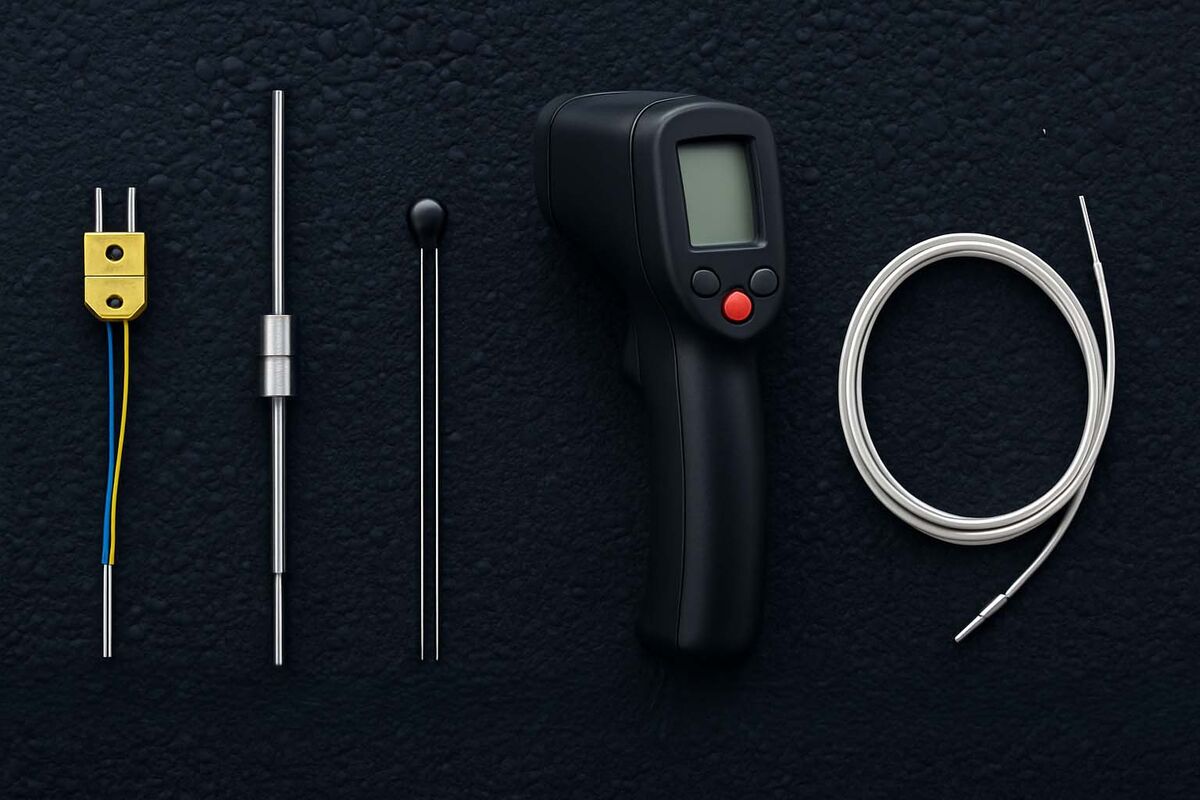 Verschiedene Temperatursensoren auf schwarzem Untergrund (v.l. Thermoelement, PT100, NTC, IR-Thermometer, Faseroptischer Sensor)