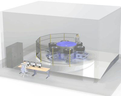 3D-Zeichnung eines Reifen-Dauerlaufprüfstands Bedienplatz mit 3 Monitoren, einer Prüfkabine mit großer Trommel in der Mitte, 6 Reifen drum herum angeordnet, die über Lastmaschinen angepresst werden.