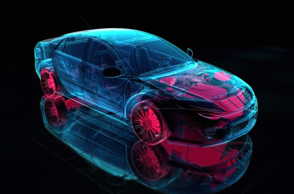 3D-Zeichnung eines Fahrzeugs in blau bei dem einige Komponenten in rot hervorgehoben sind