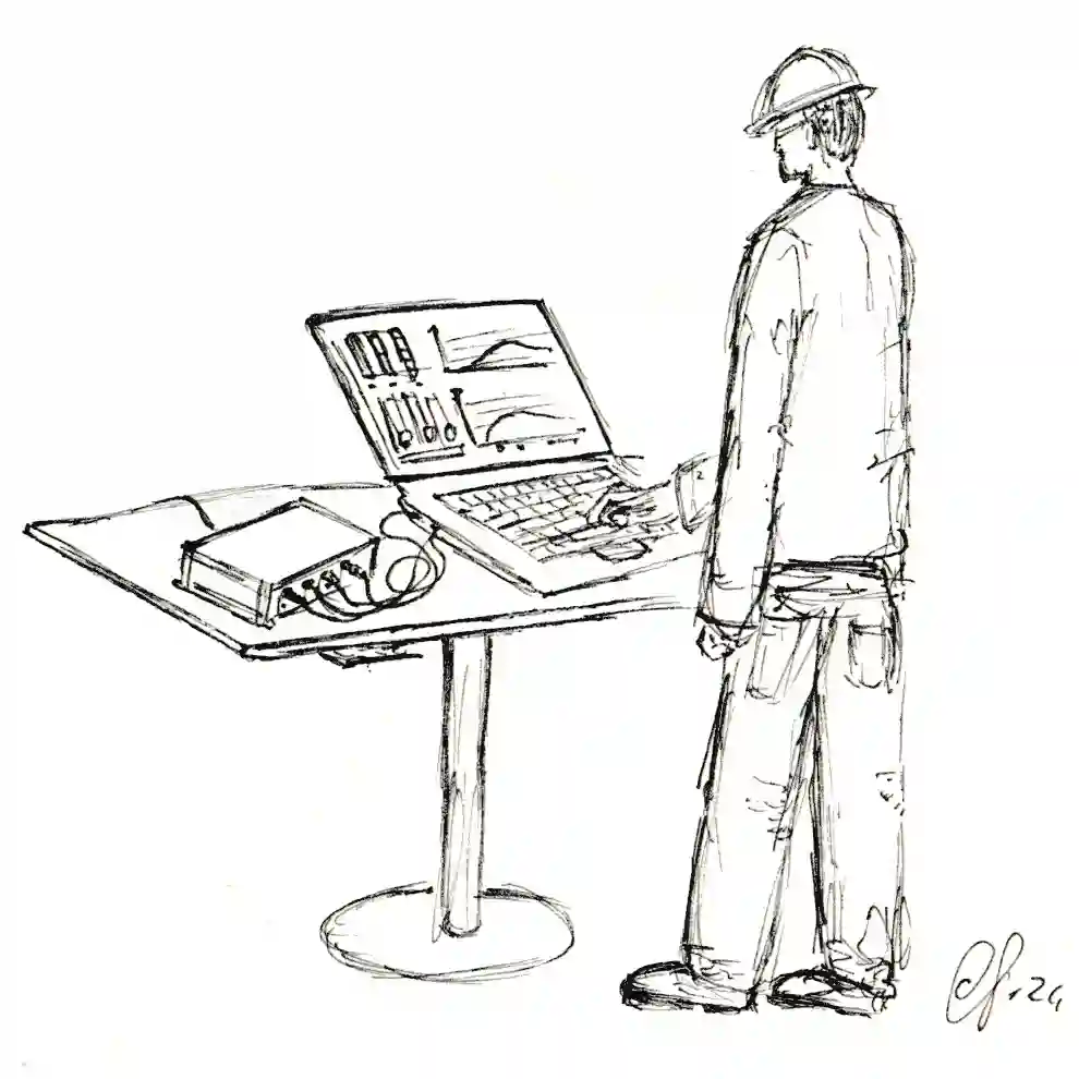 Zeichnung eines Ingenieurs der an einem Laptop gerade eine Messung durchführt