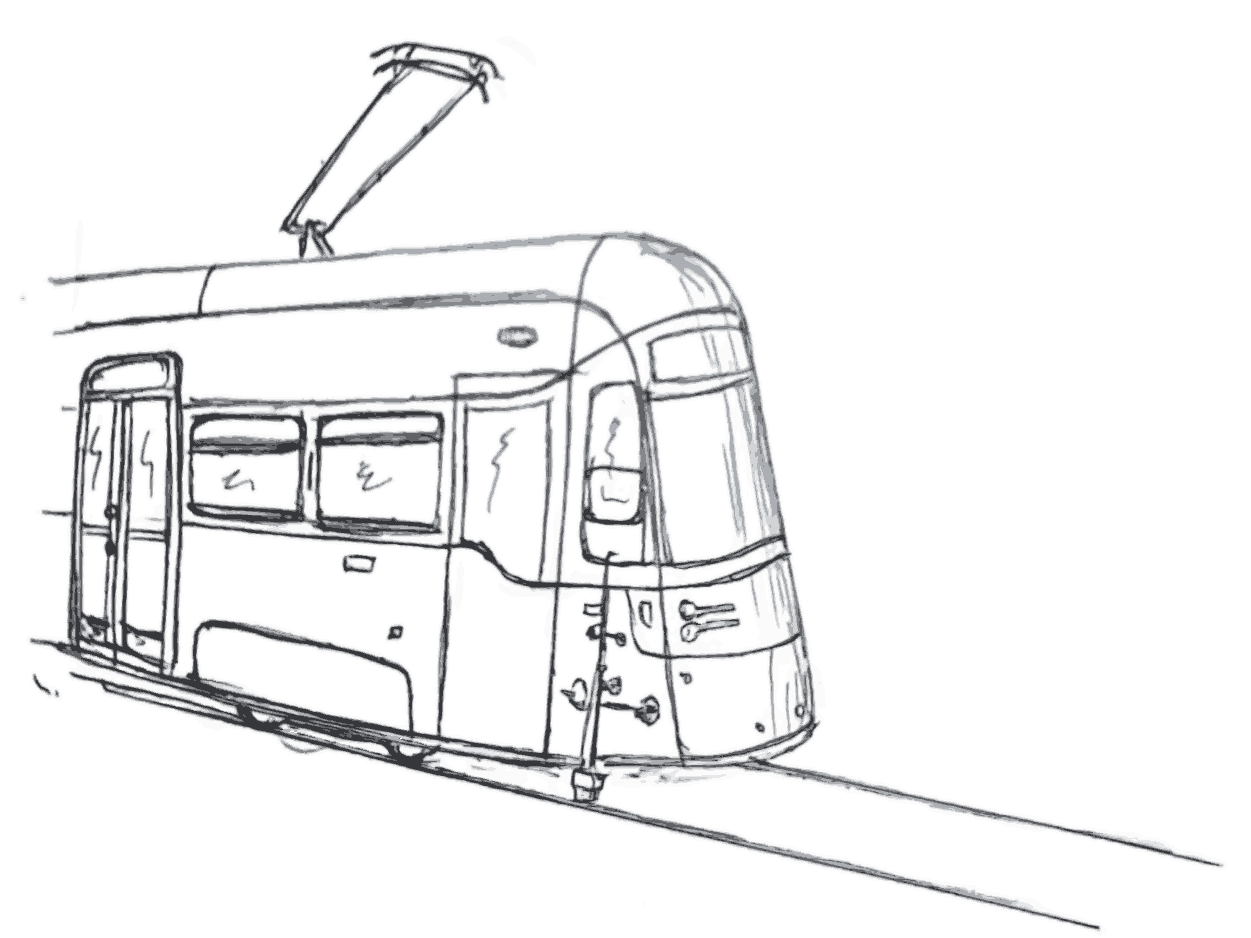 Bremswegmessung an einer Straßenbahn mit optischer Sensorik Zeichnung einer Straßenbahn an der ein optischer Sensorik montiert ist zur Bremswegmessung