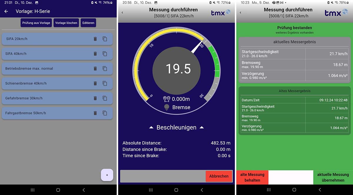 TMX-BrakeTestApp zur normgerechten Bremswegmessung mit automatischer Auswertung Drei Screenshots der BrakeTestApp - Links: Fahrzeugverwaltung, Mitte: Live-Anzeige während der Messung, Rechts: Messergebnis