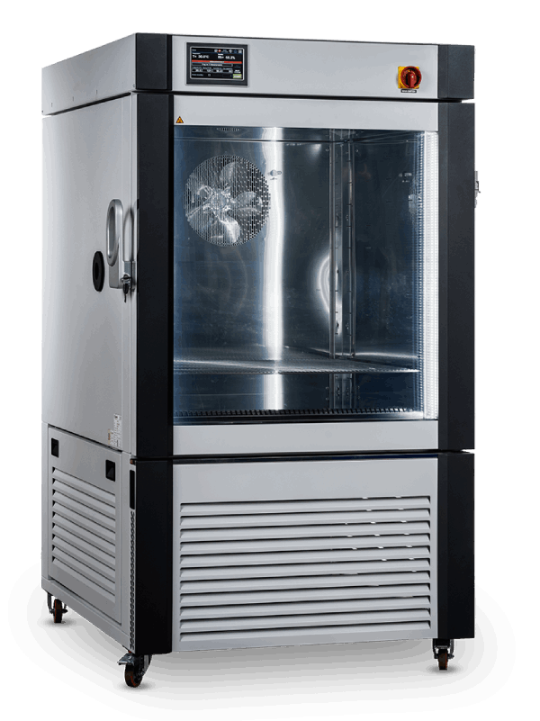 Standard-Klimakammer für Umweltsimulation von Temperatur und Feuchte mit 500 L Volumen Silberne Klimakammer mit Glastür und einem Blick ins Inneren mit Edelstahlwänden